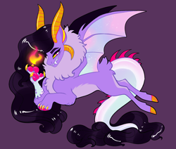 Size: 2600x2200 | Tagged: safe, artist:loryska, oc, draconequus, hybrid, fire, high res, interspecies offspring, offspring, parent:discord, parent:twilight sparkle, parents:discolight, paw pads, paws, purple background, simple background, solo, underpaw