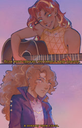 Size: 1933x3000 | Tagged: safe, artist:stummm, adagio dazzle, sunset shimmer, equestria girls, g4, aesthetics, blushing, cyrillic, female, guitar, lesbian, looking at each other, looking at someone, musical instrument, russian, ship:sunsagio, shipping, singing, song reference, subtitles