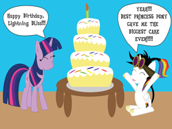 Size: 1024x768 | Tagged: safe, artist:jamesthunder, twilight sparkle, oc, oc:lightning bliss, g4, birthday cake, birthday candles, cake, cute, dialogue, food, goggles, speech bubble