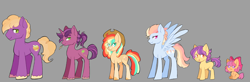 Size: 2800x922 | Tagged: safe, artist:merdiia, little mac, oc, earth pony, pony, unicorn, g4, bow, earth pony oc, female, filly, foal, gray background, group, hair bow, hat, horn, magical lesbian spawn, male, mare, offspring, parent:apple bloom, parent:applejack, parent:big macintosh, parent:rainbow dash, parent:sugar belle, parent:tender taps, parents:appledash, parents:sugarmac, parents:tenderbloom, simple background, stallion, straw, unicorn oc, unshorn fetlocks