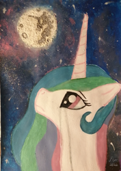 Size: 2187x3086 | Tagged: safe, artist:flyer song, princess celestia, alicorn, pony, g4, acrylic painting, galaxy, high res, mare in the moon, moon, painting, royal sisters, siblings, sisters, space, traditional art