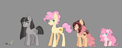 Size: 2300x922 | Tagged: safe, artist:merdiia, li'l cheese, oc, earth pony, pony, g4, the last problem, earth pony oc, female, gray background, group, mare, offspring, older, parent:cheese sandwich, parent:marble pie, parent:maud pie, parent:mud briar, parent:pinkie pie, parents:cheesepie, parents:maudbriar, simple background