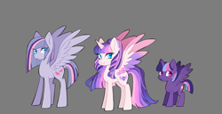 Size: 1800x922 | Tagged: safe, artist:merdiia, oc, oc only, alicorn, pegasus, pony, alicorn oc, bio in description, female, filly, foal, gray background, horn, mare, offspring, parent:flash sentry, parent:twilight sparkle, parents:flashlight, pegasus oc, simple background, wings