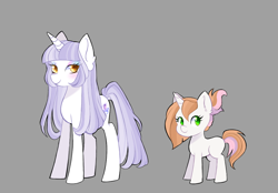 Size: 1150x800 | Tagged: safe, artist:merdiia, oc, oc only, pony, unicorn, bio in description, duo, female, filly, foal, gray background, horn, mare, offspring, parent:button mash, parent:rarity, parent:sweetie belle, parents:canon x oc, parents:sweetiemash, simple background, smiling, unicorn oc