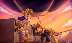 Size: 4090x2465 | Tagged: safe, artist:av-4, oc, oc only, oc:shadow scroll, oc:sky scroll, oc:star scroll, alicorn, pegasus, pony, unicorn, airship