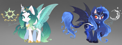 Size: 2350x880 | Tagged: safe, artist:merdiia, oc, oc only, alicorn, bat pony, bat pony alicorn, changepony, pony, alicorn oc, bat wings, duo, female, gradient background, horn, magical lesbian spawn, mare, offspring, parent:princess celestia, parent:princess luna, parent:queen chrysalis, parent:rain shine, parents:chryslestia, parents:rainuna, wings