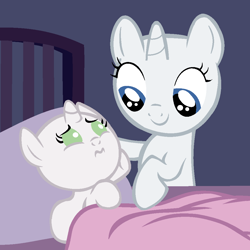 Size: 1024x1024 | Tagged: safe, artist:awoomarblesoda, oc, oc only, pony, unicorn, baby, baby pony, bald, base, bed, blanket, duo, eyelashes, female, filly, foal, horn, indoors, pillow, smiling, unicorn oc