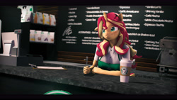 Size: 9600x5400 | Tagged: safe, artist:imafutureguitarhero, sunset shimmer, unicorn, anthro, g4, 3d, absurd resolution, apron, arm fluff, arm freckles, bag, barista, black bars, cafe, cash register, chalkboard, cheek fluff, chromatic aberration, clipboard, clothes, coffee, coffee cup, coffee machine, coffee shop, colored eyebrows, colored eyelashes, cup, cute, ear fluff, ear freckles, female, film grain, fluffy, freckles, fur, hand freckles, horn, iced latte with breast milk, iphone, letterboxing, logo parody, long hair, long mane, mare, meme, multicolored hair, multicolored mane, pen, pen behind ear, peppered bacon, phone, raised eyebrow, revamped anthros, revamped ponies, shimmerbetes, signature, smiling, solo, source filmmaker, starbucks, tap, wall of tags