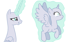 Size: 1469x849 | Tagged: safe, artist:awoomarblesoda, oc, oc only, alicorn, pony, alicorn oc, bald, base, duo, female, glowing, glowing horn, horn, magic, mare, simple background, smiling, telekinesis, white background, wide eyes, wings