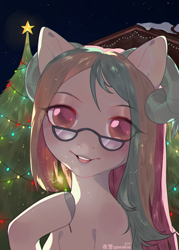 Size: 1000x1400 | Tagged: safe, artist:qawakie, oc, oc only, pony, bust, christmas, christmas tree, colored hooves, commission, eye clipping through hair, glasses, holiday, looking at you, outdoors, smiling, solo, tree