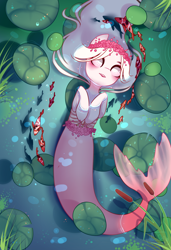 Size: 1300x1900 | Tagged: safe, alternate character, alternate version, artist:nazori, oc, oc only, fish, merpony, pony, cattails, commission, featureless crotch, lilypad, lying down, on back, outdoors, pond, reeds, solo, water, ych result