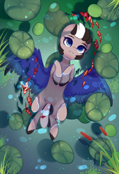 Size: 1300x1900 | Tagged: safe, alternate character, alternate version, artist:nazori, oc, oc only, fish, pegasus, pony, cattails, commission, featureless crotch, lilypad, lying down, on back, outdoors, pegasus oc, pond, reeds, solo, spread wings, unshorn fetlocks, water, wings, ych result