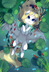 Size: 1300x1900 | Tagged: safe, alternate character, alternate version, artist:nazori, oc, oc only, alicorn, fish, pony, alicorn oc, cattails, commission, featureless crotch, horn, lilypad, lying down, on back, outdoors, pond, reeds, solo, spread wings, water, wings, ych result
