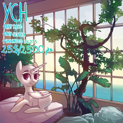 Size: 1000x1000 | Tagged: safe, artist:nazori, oc, oc only, alicorn, pony, alicorn oc, bald, commission, female, horn, indoors, lying down, mare, prone, smiling, solo, tree, wings, your character here