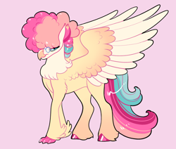 Size: 2600x2200 | Tagged: safe, artist:loryska, oc, oc only, unnamed oc, hippogriff, high res, hippogriff oc, magical threesome spawn, multiple parents, offspring, parent:party favor, parent:pinkie pie, parent:princess skystar, pink background, simple background, solo, spread wings, wings