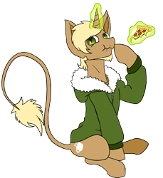 Size: 1100x1200 | Tagged: safe, artist:radioactive nero, derpibooru exclusive, oc, oc:tea break, pony, unicorn, 2022 community collab, derpibooru community collaboration, clothes, eating, food, glowing, glowing horn, horn, jacket, leonine tail, levitation, magic, male, meat, pepperoni, pepperoni pizza, pizza, simple background, sitting, solo, tail, telekinesis, transparent background