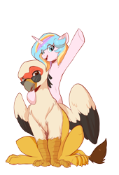 Size: 1353x1995 | Tagged: safe, artist:oofycolorful, artist:vistamage, oc, oc only, oc:oofy colorful, oc:vistamage, griffon, pony, unicorn, 2022 community collab, derpibooru community collaboration, couple, female, male, mare, oc x oc, oofymage, shipping, simple background, straight, transparent background