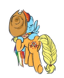 Size: 550x673 | Tagged: safe, artist:laya-21, applejack, rainbow dash, earth pony, pegasus, pony, g4, braided tail, duo, eyes closed, female, glowing cutie mark, hug, lesbian, older, older appledash, older applejack, older rainbow dash, ship:appledash, shipping, simple background, smiling, tail, white background