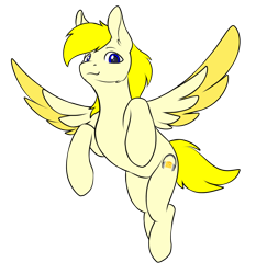 Size: 1654x1778 | Tagged: safe, artist:zeroonesunray, oc, oc only, oc:ohzuya, pegasus, pony, 2022 community collab, derpibooru, derpibooru community collaboration, blue eyes, ear fluff, eyebrows, flying, full body, looking at you, male, meta, pegasus oc, posing for photo, simple background, smiling, smiling at you, solo, spread wings, stallion, tail, trace, transparent background, wings, yellow mane, yellow tail