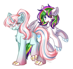 Size: 2350x2230 | Tagged: safe, artist:distant_sound_, artist:遐音, oc, oc only, alicorn, dracony, dragon, hybrid, pony, 2022 community collab, derpibooru community collaboration, alicorn oc, dracony oc, duo, glasses, high res, hoof shoes, horn, looking at you, multicolored eyes, simple background, transparent background, wings