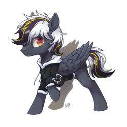 Size: 1300x1300 | Tagged: artist needed, safe, oc, oc only, pegasus, pony, 2022 community collab, derpibooru community collaboration, clothes, folded wings, full body, hoodie, hooves up, looking at you, male, multicolored hair, multicolored mane, multicolored tail, pegasus oc, raised hoof, signature, simple background, solo, standing, tail, three quarter view, transparent background, wings