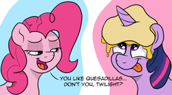 Size: 2589x1426 | Tagged: safe, artist:doodledonutart, pinkie pie, twilight sparkle, alicorn, earth pony, pony, g4, comic, food, horn, horn impalement, just one bite, quesadilla, reference, spongebob reference, spongebob squarepants, they're just so cheesy, tongue out, twilight sparkle (alicorn), you like krabby patties don't you squidward?