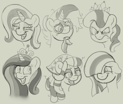 Size: 2799x2361 | Tagged: safe, artist:doodledonutart, diamond tiara, marble pie, princess cadance, sunburst, tree hugger, trixie, alicorn, earth pony, pony, unicorn, g4, expressions, high res, sketch, smiling