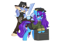 Size: 3508x2480 | Tagged: safe, artist:f2074, oc, oc:magia cyanopsitta, oc:sinkshadow, pony, unicorn, 2022 community collab, derpibooru community collaboration, artificial wings, augmented, box, clothes, duo, female, hat, high res, horn, looking at you, male, mask, mechanical wing, multicolored eyes, simple background, transparent background, unicorn oc, uniform, wings