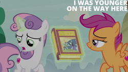 Size: 1280x720 | Tagged: safe, edit, edited screencap, editor:quoterific, screencap, scootaloo, sweetie belle, pegasus, pony, unicorn, g4, hard to say anything, season 7, book, female, filly, foal, magic, open mouth, smiling, spread wings, telekinesis, unnamed character, unnamed pony, wings