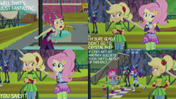 Size: 1280x720 | Tagged: safe, edit, edited screencap, editor:quoterific, screencap, applejack, fluttershy, lemon zest, pinkie pie, rarity, sour sweet, equestria girls, g4, my little pony equestria girls: friendship games, angry, canterlot high, eyes closed, female, open mouth, open smile, smiling, spinning