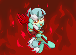Size: 4561x3319 | Tagged: safe, artist:background basset, lyra heartstrings, demon, demon pony, g4, abstract background, clothes, devil horns, fire, glowing, glowing eyes, horns, l.u.l.s., pitchfork, solo, tongue out