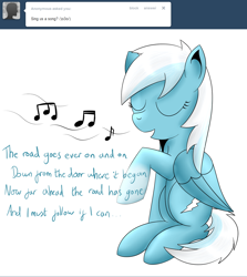 Size: 1280x1432 | Tagged: safe, artist:ask-fleetfoot, fleetfoot, pegasus, pony, g4, alternate hairstyle, ask, ask-fleetfoot, blue coat, blue mane, blue tail, dialogue, eyes closed, female, mare, music notes, open mouth, open smile, simple background, singing, sitting, smiling, solo, tail, tumblr, two toned mane, white background, white mane, white tail, wings