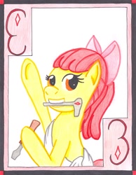Size: 852x1097 | Tagged: safe, artist:the1king, apple bloom, earth pony, pony, g4, female, filly, foal, screwdriver, solo, three of diamonds, tool