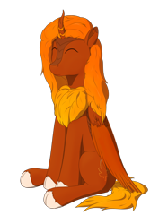 Size: 2480x3508 | Tagged: safe, artist:laykeen, derpibooru exclusive, oc, oc only, oc:season leaf, classical hippogriff, hippogriff, hybrid, kirin, 2022 community collab, derpibooru community collaboration, eyes closed, gradient mane, high res, leaf, seasons, simple background, simple shading, sitting, smiling, solo, transparent background