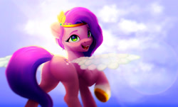Size: 1820x1102 | Tagged: safe, artist:itssim, pipp petals, pegasus, pony, g5, my little pony: a new generation, butt, butt fluff, cloud, ear fluff, female, fluffy, hoof fluff, leg fluff, lens flare, looking at you, looking back, mare, neck fluff, open mouth, open smile, pipp butt, plot, raised hoof, raised leg, sexy, sky, smiling, solo, spread wings, wallpaper, wings
