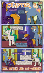 Size: 1920x3169 | Tagged: safe, artist:alexdti, oc, oc only, oc:brainstorm (alexdti), oc:purple creativity, oc:star logic, pegasus, pony, unicorn, comic:quest for friendship, :q, ^^, caption, comic, cupcake, dialogue, eyes closed, female, folded wings, food, glasses, green eyes, grin, hoof hold, horn, looking at someone, looking back, male, mare, nose wrinkle, open mouth, open smile, pegasus oc, shadow, smiling, speech bubble, stallion, tail, text, tongue out, trio, twilight's castle, two toned mane, two toned tail, unicorn oc, walking, wings