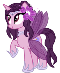 Size: 711x862 | Tagged: safe, oc, oc only, oc:princess kyoko, original species, pony, 2022 community collab, derpibooru community collaboration, braid, eyelashes, eyeshadow, female, flower, flower in hair, full body, headdress, hoof shoes, horn, jewelry, looking away, makeup, mare, necklace, purple eyes, purple hair, raised hoof, regalia, royalty, show accurate, simple background, solo, standing, transparent background, wings