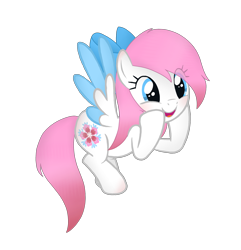 Size: 2440x2536 | Tagged: safe, artist:rezatim, oc, oc only, oc:snowy blossom, pegasus, pony, 2022 community collab, derpibooru community collaboration, blue eyes, bow, colored wings, female, flying, full body, hair bow, high res, hooves on cheeks, mare, pink mane, pink tail, show accurate, simple background, solo, spread wings, tail, transparent background, wings