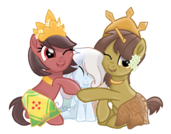Size: 735x575 | Tagged: safe, artist:be_yourself, oc, oc:altersmay earth, oc:nuning, oc:salasika, earth pony, pegasus, pony, 2022 community collab, derpibooru community collaboration, blinking, crown, cute, earthbetes, female, filly, flower, flower in hair, foal, hug, indonesia, jewelry, looking at you, mare, nusaponycon, ocbetes, open mouth, planet ponies, regalia, simple background, sitting, smiling, transparent background, trio, trio female