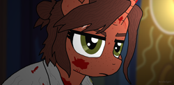 Size: 1854x914 | Tagged: safe, artist:kevinight, pony, unicorn, blood, clothes, ellie, eyebrows, eyelashes, female, freckles, horn, lidded eyes, mare, ponified, scar, serious, solo, sunlight, the last of us, the last of us part ii