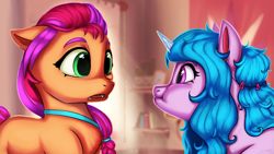 Size: 3200x1800 | Tagged: safe, artist:silverhopexiii, izzy moonbow, sunny starscout, earth pony, pony, unicorn, g5, my little pony: a new generation, spoiler:my little pony: a new generation, cute, duo, duo female, female, floppy ears, frown, high res, looking at each other, looking at someone, mare, open mouth, puffy cheeks, scene interpretation, staring contest
