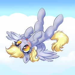 Size: 4000x4000 | Tagged: safe, artist:confetticakez, derpy hooves, pegasus, pony, g4, :p, absurd resolution, blushing, cloud, cute, derpabetes, female, heart eyes, lying down, mare, on a cloud, on back, patreon, patreon reward, solo, spread wings, tongue out, wingding eyes, wings