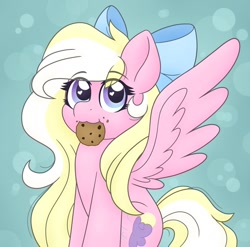 Size: 1200x1185 | Tagged: safe, artist:msaniiart, oc, oc only, oc:bay breeze, pegasus, pony, bowtie, cookie, cute, food, heart eyes, hnnng, simple background, solo, spread wings, wingding eyes, wings