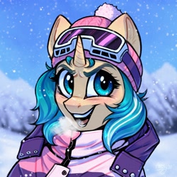 Size: 3000x3000 | Tagged: safe, artist:amishy, oc, oc only, pony, unicorn, bust, clothes, cold, female, goggles, hat, high res, jacket, mare, open mouth, open smile, portrait, smiling, snow, snowfall, solo, winter, winter hat, winter outfit
