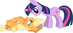 Size: 1247x570 | Tagged: safe, edit, edited screencap, editor:twilyisbestpone, screencap, applejack, twilight sparkle, earth pony, pony, unicorn, applebuck season, g4, season 1, applejack's hat, background removed, cowboy hat, duo, duo female, eye contact, female, freckles, green eyes, hat, horn, looking at each other, looking at someone, lying down, mare, multicolored mane, multicolored tail, on back, open mouth, purple eyes, silly, silly pony, simple background, standing, tail, tongue out, transparent background, unicorn twilight, wavy mouth, who's a silly pony