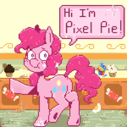 Size: 1200x1200 | Tagged: safe, artist:urbanqhoul, pinkie pie, earth pony, pony, g4, animated, cupcake, female, food, gif, looking at you, pixel art, rainbow cupcake, solo, speech bubble
