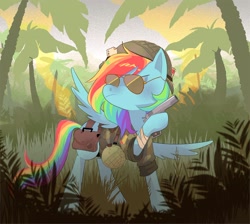 Size: 1500x1343 | Tagged: safe, artist:stevetwisp, rainbow dash, pegasus, pony, g4, gun, handgun, jungle, pistol, solo, sunglasses