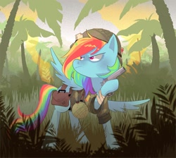 Size: 1500x1342 | Tagged: safe, artist:stevetwisp, rainbow dash, pegasus, pony, g4, gun, handgun, jungle, pistol, solo