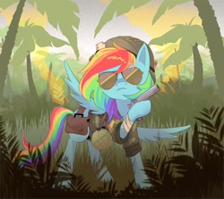 Size: 1500x1338 | Tagged: safe, artist:stevetwisp, rainbow dash, pegasus, pony, g4, ace of spades, aviator sunglasses, badass, bag, camouflage, canteen, clothes, frown, gun, handgun, helmet, hoof hold, jacket, jungle, m1911, pistol, playing card, rolled up sleeves, solo, sunglasses