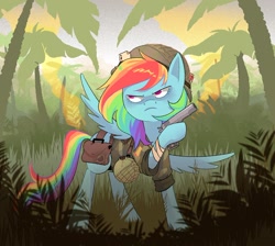 Size: 1500x1343 | Tagged: safe, artist:stevetwisp, rainbow dash, pegasus, pony, g4, ace of spades, camouflage, canteen, frown, gun, handgun, helmet, jungle, m1911, palm tree, pistol, playing card, rolled up sleeves, solo, tree